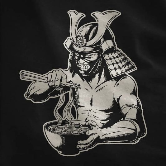 Samurai eating ramen in bold black ink style on black fabric, striking Japanese fusion art.