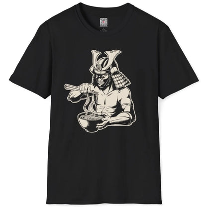 Flatlay of black t-shirt with samurai eating ramen, traditional Japanese art, bold contrast.