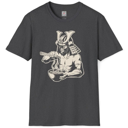Flatlay of dark heather t-shirt with samurai eating ramen, cultural blend, bold composition.