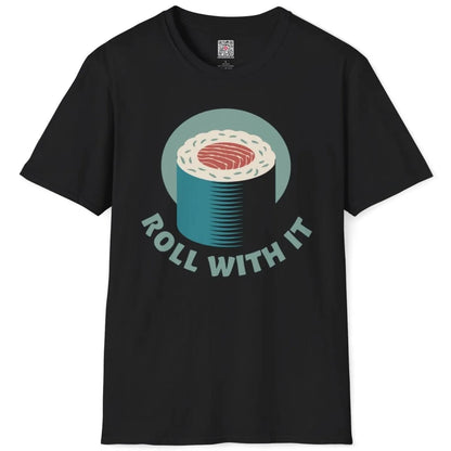 Flatlay black shirt with vibrant sushi roll, blue background, and "ROLL WITH IT", sushi shirt, whimsical illustration.