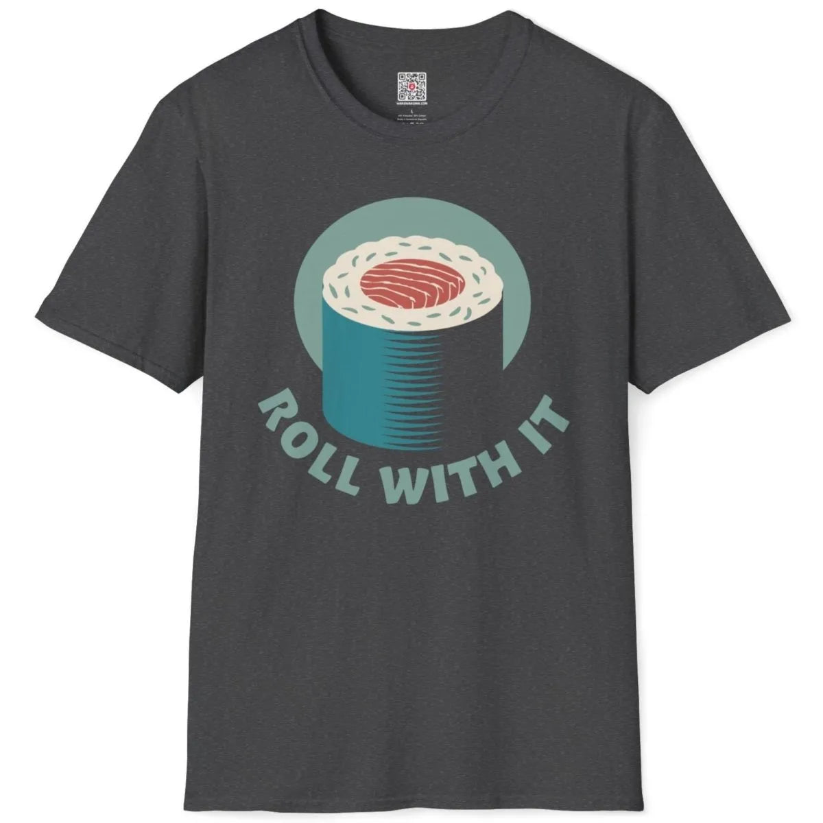 Dark heather flatlay with sushi roll design, blue circle, and fun text, sushi t-shirt, bold typography.