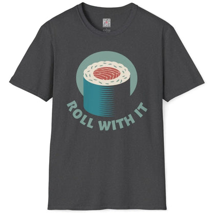 Dark heather flatlay with sushi roll design, blue circle, and fun text, sushi t-shirt, bold typography.