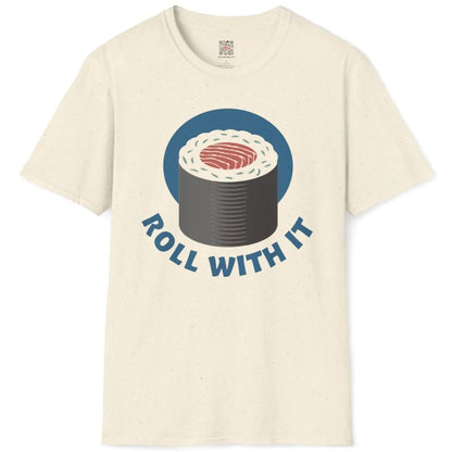 Natural flatlay with sushi roll, blue circle, and playful "ROLL WITH IT" text, sushi shirt, pop art shirt.