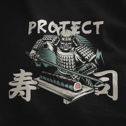 Closeup of samurai in armor with katana and sushi roll, black fabric, sushi t-shirt, warrior art.