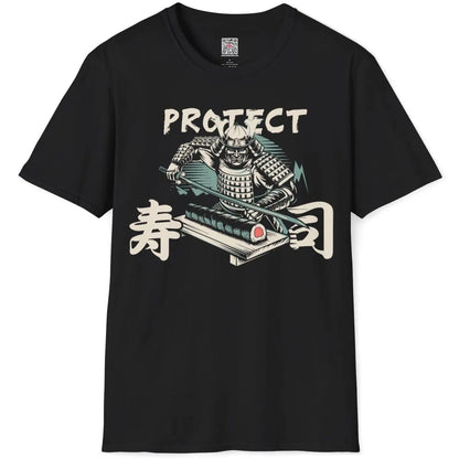 Flatlay black shirt with samurai, katana, sushi roll, and "PROTECT" text, japanese t-shirts, samurai warrior art.
