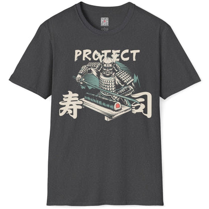 Dark heather flatlay with samurai, sushi roll, and arched "PROTECT", japanese t-shirts, cultural blend.