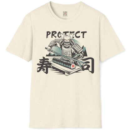 Natural flatlay with samurai, sushi roll, and bold "PROTECT" text, sushi shirt, cultural pride.