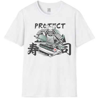 Flatlay white shirt with samurai, sushi roll, and "PROTECT" text, sushi t-shirt, traditional japanese art.