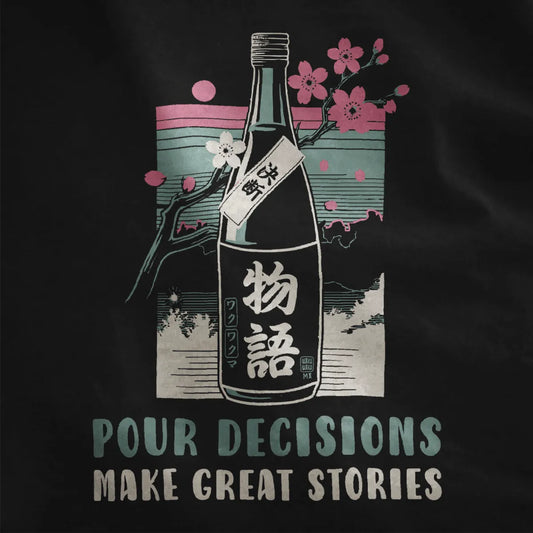 Closeup of sake bottle with cherry blossoms and Japanese text on black fabric, japanese t-shirts, cultural symbols.