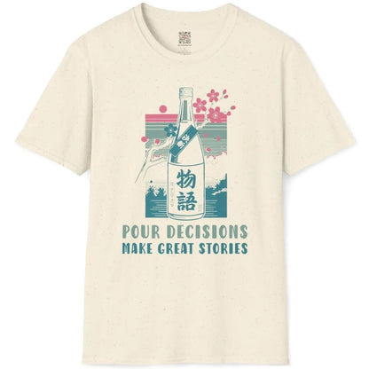 Natural flatlay with sake bottle, cherry blossoms, and Japanese text, japanese t-shirts, phrase motivation.
