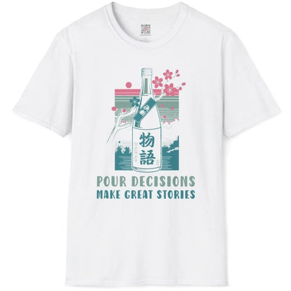 Flatlay white shirt with sake bottle, cherry blossoms, and "Pour Decisions" text, japanese t-shirts, vintage aesthetic.