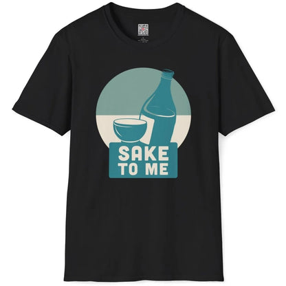 Flatlay of black t-shirt with blue sake bottle, cup, and bold "SAKE TO ME", japanese t-shirts, bold text fonts.