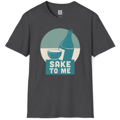 Flatlay of dark heather t-shirt with blue sake bottle, cup, and bold "SAKE TO ME", japanese t-shirts, retro design.