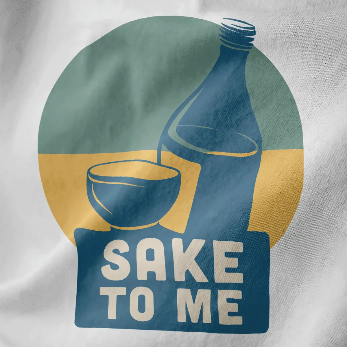 Sake bottle and cup in blue with bold "SAKE TO ME" text on white t-shirt, japanese t-shirts, sake culture.