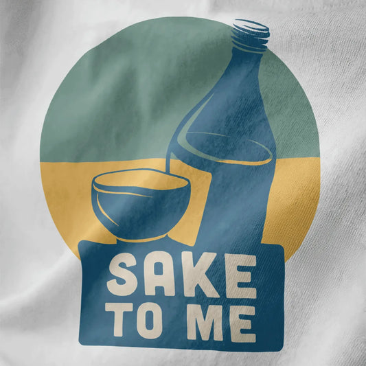 Sake bottle and cup in blue with bold "SAKE TO ME" text on white t-shirt, japanese t-shirts, sake culture.