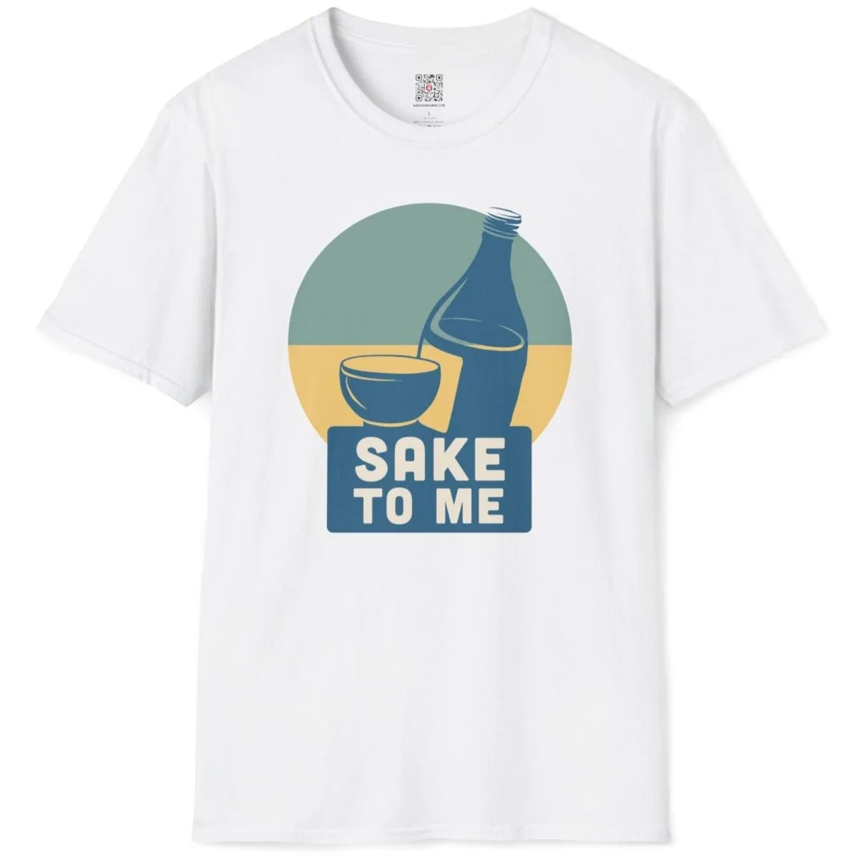 Flatlay of white t-shirt with blue sake bottle, cup, and bold "SAKE TO ME", japanese t-shirts, bold text fonts.