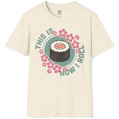 Flatlay of natural t-shirt with sushi roll, cherry blossoms, and playful text, sushi shirt, sushi culture.