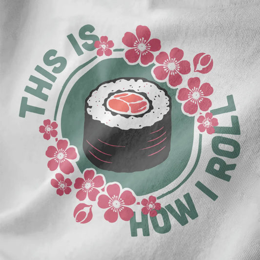 Sushi roll with orange filling and pink cherry blossoms on white t-shirt, sushi shirt, kawaii sushi.