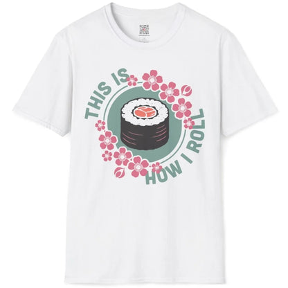Flatlay of white t-shirt with sushi roll, cherry blossoms, and playful text, sushi shirt, whimsical illustration.