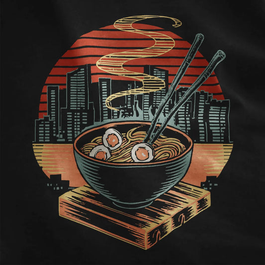 Steaming ramen bowl with eggs, chopsticks, and cityscape on black t-shirt, ramen t-shirt, cityscape art.