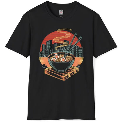 Flatlay of black t-shirt with ramen bowl, chopsticks, cityscape, and sun, ramen t-shirt, vintage aesthetic.