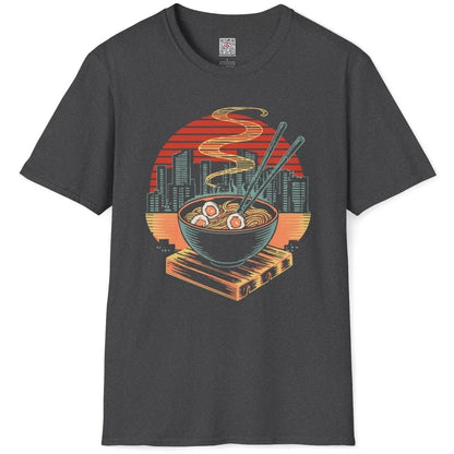 Flatlay of dark heather t-shirt with ramen bowl, chopsticks, cityscape, and sun, ramen t-shirt, retro design.