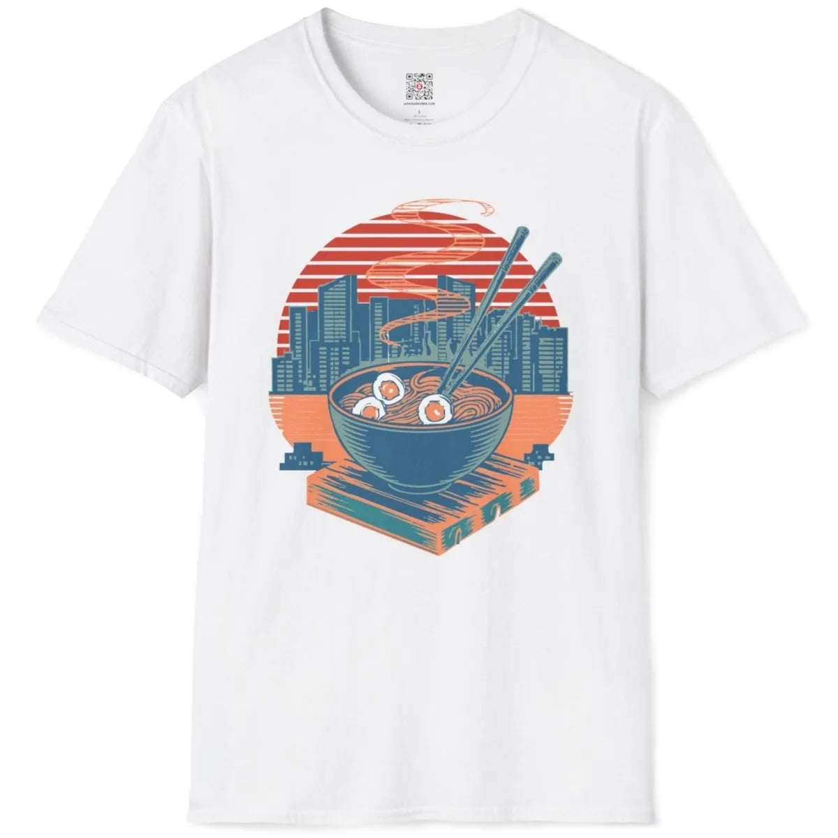Flatlay of white t-shirt with ramen bowl, chopsticks, cityscape, and sun, ramen t-shirt, traditional japanese art.