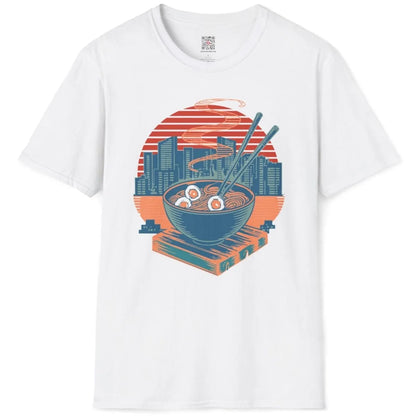 Flatlay of white t-shirt with ramen bowl, chopsticks, cityscape, and sun, ramen t-shirt, traditional japanese art.