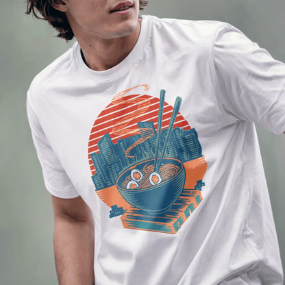 Male model in white t-shirt with ramen bowl, chopsticks, cityscape, and sun, ramen t-shirt, fusion cuisine.