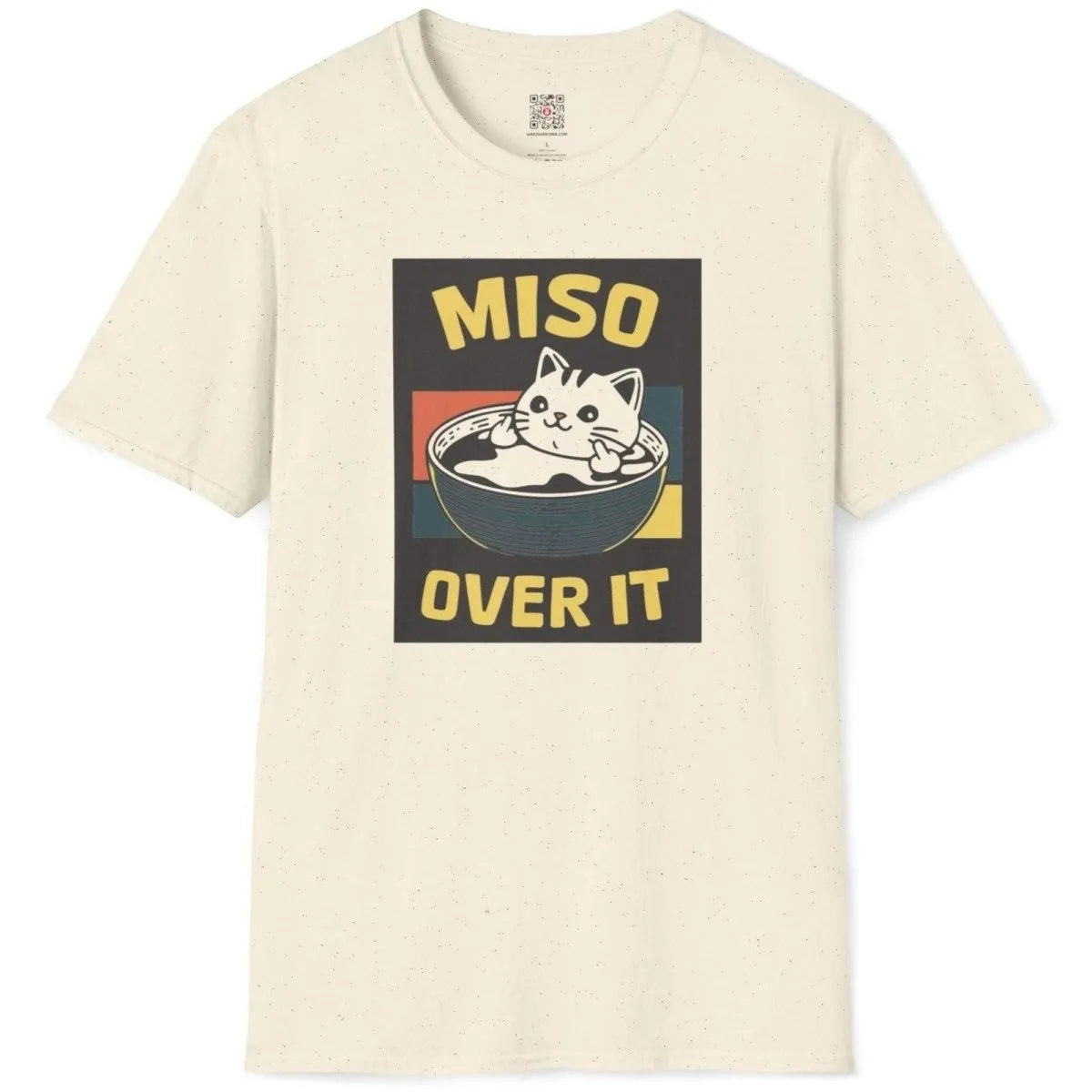 Natural flatlay t-shirt, cat in miso soup bowl, middle fingers, retro color blocks, bowl t shirt, pop art shirt.