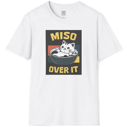 White flatlay t-shirt, cat in miso soup bowl, middle fingers, retro blocks, funny cat shirt, minimalist font.