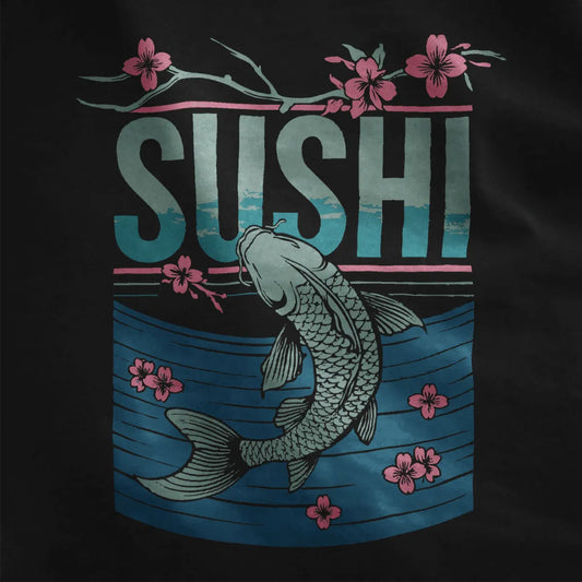 Close-up of black shirt with teal SUSHI text, koi fish, and pink cherry blossoms; sushi t-shirt, koi fish shirt.