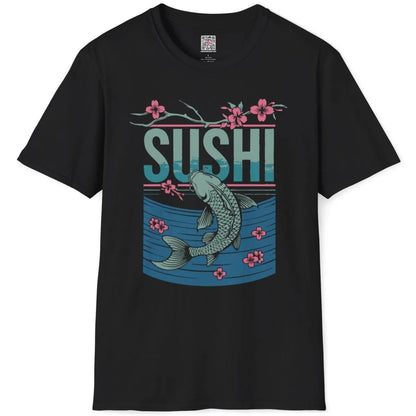 Black flatlay t-shirt with SUSHI text, koi fish, and cherry blossoms; sushi shirt, japanese wave artwork.