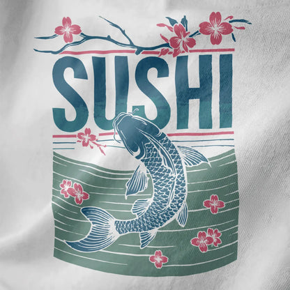 Close-up of white shirt with bold SUSHI text, koi fish, and cherry blossoms; japanese t-shirts, sushi art.