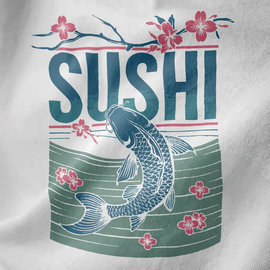 Close-up of white shirt with bold SUSHI text, koi fish, and cherry blossoms; japanese t-shirts, sushi art.