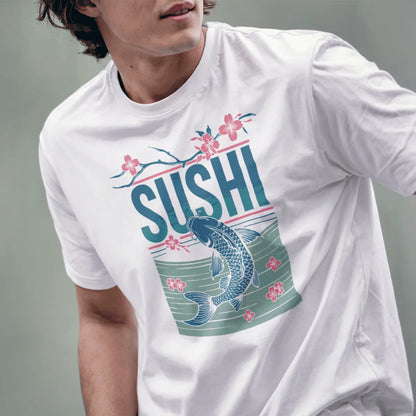 Male model in white shirt featuring SUSHI text, koi fish, and cherry blossoms; japanese t-shirts, graphic design t shirt.