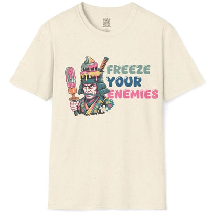Natural flatlay t-shirt with samurai, ice cream, and playful text; phrase motivation, monster mashup.