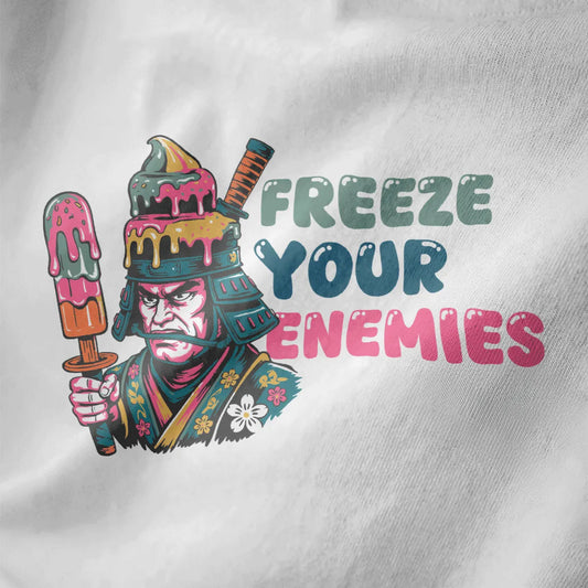 Close-up of white shirt with samurai holding ice cream, bold FREEZE YOUR ENEMIES text; japanese t-shirts, samurai fusion.