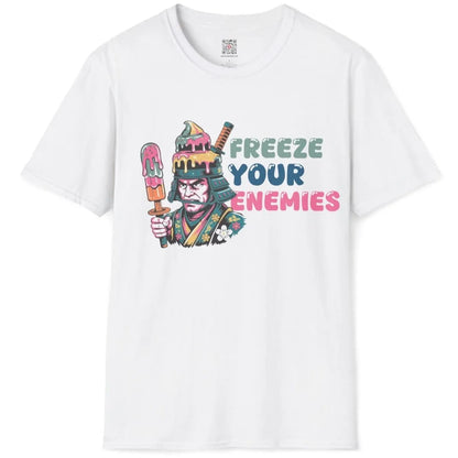 White flatlay t-shirt with samurai, dripping ice cream, and bold text; japanese t-shirts, funny shirts with sayings.