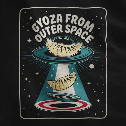 Retro-futuristic gyoza and UFO pop art on black fabric, vibrant cosmic design.