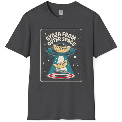 Dark heather t-shirt flatlay with retro gyoza UFO design, Japanese t-shirts, cosmic design.