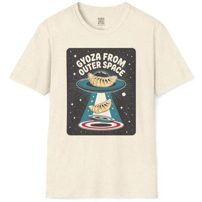 Natural t-shirt flatlay with playful gyoza and flying saucer, pop art shirt style.