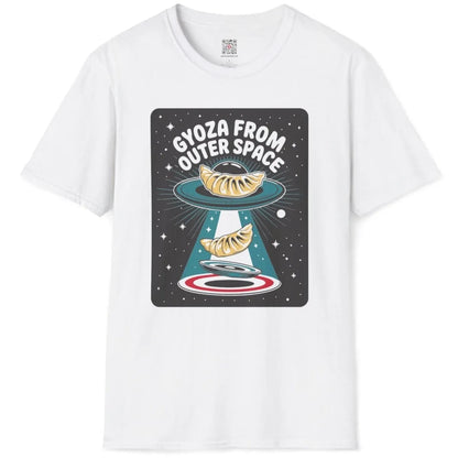 Flatlay of white t-shirt featuring vibrant gyoza from outer space, whimsical illustration.