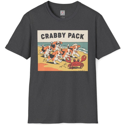 Dark heather t-shirt flatlay, "CRABBY PACK" beach scene, funny shirts with sayings.