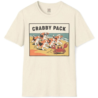 Natural t-shirt flatlay, playful beagle puppies chasing crab, friends themed shirts.