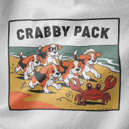 Closeup of playful beagle puppies chasing crab on white fabric, cartoonish style, bold text fonts.