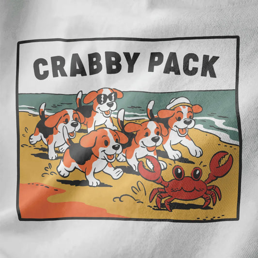 Closeup of playful beagle puppies chasing crab on white fabric, cartoonish style, bold text fonts.