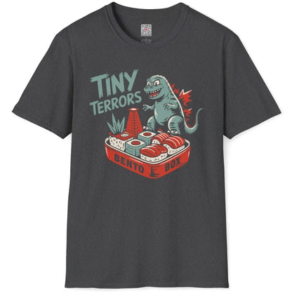 Dark heather t-shirt flatlay, playful Godzilla and sushi bento, Japanese t-shirts, sushi cat.