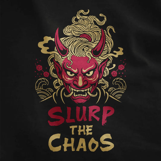 Close-up of red oni mask with noodles and cherry blossoms on black t-shirt, ramen t-shirt, japanese masks demon.