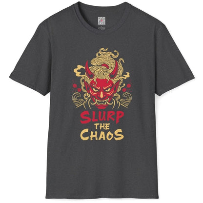 Dark heather t-shirt flatlay with fierce red oni mask, swirling noodles, and cherry blossoms, ramen t-shirt.